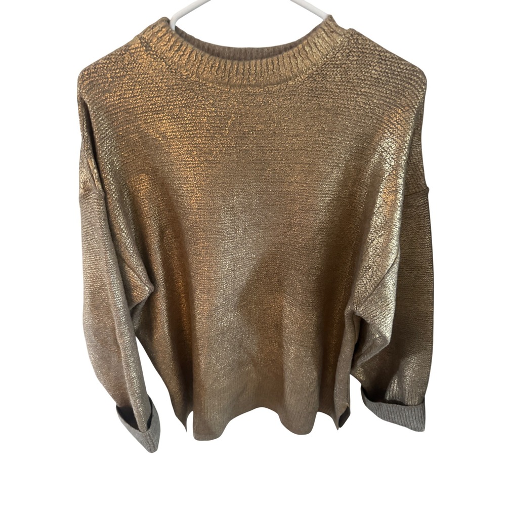 Zara Women Gold Metallic Knit Sweater Oversized Crewneck Pullover Small